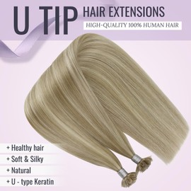 fshine Extensions U Tip Hair 16inch 50g Extensions Human Hair Color 16 Golden Blonde to 22 Blonde Highlight Extensions Hair Keratin Natural Hair Extensions Hot Fusion Hair Straight Remy Hair