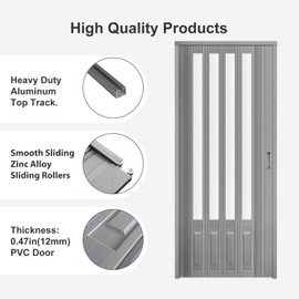 DIYHD 38X96in Accordion Folding Door with Mount Hardware,Grey PVC with Acrylic Glass Multifold Door for Closet