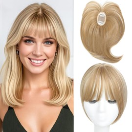 WKCT Hair Topper with Bangs Hair Clip,360° 3D Cover Hair Toppers for Women with Thinning Hair,10 Inch Straight Hair Topper Clip in Bangs Hair Piece for Women(H26/60#-Champagne Blonde with High Lights)