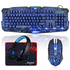 BlueFinger Backlit Gaming Keyboard, Mouse and LED Headset Combo - USB Wired 3 Color Crack Backlit, Blue LED Light Headset - Set for Work and Game