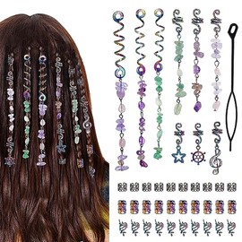 40Pcs hoyuwak Natural Colored Crystal Stone Hair Accessories - Metal Charms, Tie-Dye Loc Spirals, Cuffs, Rings for Women's Hairstyle Decoration