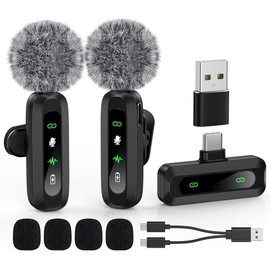 USB C Lavalier Microphone Wireless Mini Mic for Type-C Android Phone/Tablet/PC Video Recording Clip-on Mics with Rotatable Clip&Denoise Recording, Ideal for Vlog Tiktok Youtube Podcast Content Creator - Size: 2T1R Black2