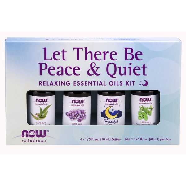 NOW Essential Oils, Let There Be Peace & Quiet Aromatherapy Kit, 4x 10ml Including Lavender Oil, Peppermint Oil, Eucalyptus Oil and Peaceful Sleep Oil Blend With Child Resistant Caps