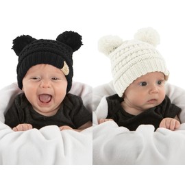 Funky Junque Baby Beanie Newborn Hat for Baby, Warm Knit Winter, Black & Ivory - 2 Pack - Black & Ivory - Double Pom
