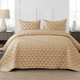 Exclusivo Mezcla Bed Quilt Set King Size All Seasons, Stitched Pattern Quilted Bedspread/ Bedding Set/ Coverlet with 2 Pillow Shams, Lightweight and Soft, Camel