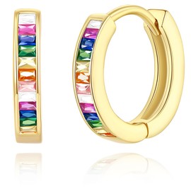 GLOQUAT Colorful CZ Huggie Earrings 14K Gold Plated Rinbow Hoops for Women S925 Silver Post Vintage Cubic Zirconia Round Circle Bright Multi-colored Hoops for Women Trendy Winter Jewelry 10mm