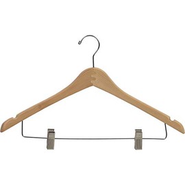 The Great American Hanger Company Curved Wood Combo Hanger w/Adjustable Cushion Clips, Box of 100 17 Inch Wooden Hangers w/Natural Finish & Chrome Swivel Hook & Notches for Shirt Jacket or Dress