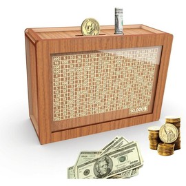 Piggy Bank for Adults, Wooden Coin Bank for Boys and Girls, Adults Money Box with Counter for Savings Goal $10000 Gift for Friends ($10000, Brown) Decor Ornaments