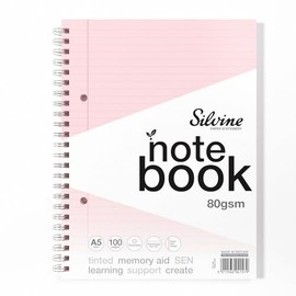 Silvine A5 Blue Paper Dyslexia Notebook | 100 Wirebound Pages, 80gsm Tinted Paper for SEN Supportive Learning & Memory Aid (Pink)