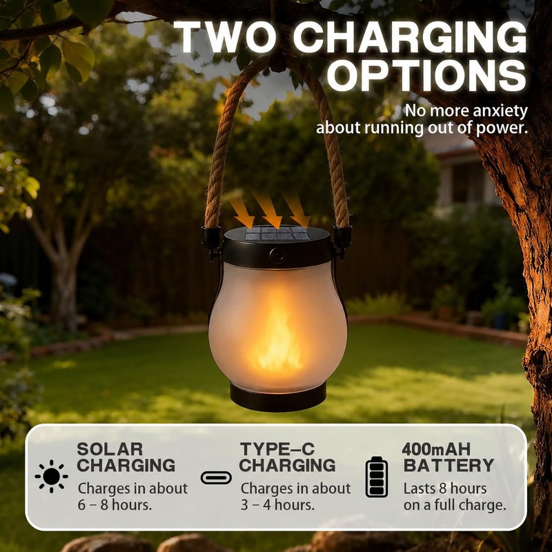kaliqo Solar Lantern Outdoor Lights, Realistic Dancing Flame Effect, Solar