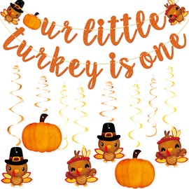Qttier Our Little Turkey Is One Banner and Thanksgiving Hanging Swirls Decorations, Turkey 1st Birthday Decorations, Thanksgiving Fall Birthday Decorations, Orange Glitter