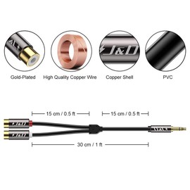 J&D RCA to 3.5mm Cable, 1/8 inch 3.5mm Auxiliary Male to 2RCA Female Stereo Audio Cord Gold Plated Aux Y Splitter for Smartphone, Tablet, MP3, Computer, Speaker, 1 Feet