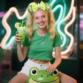 bianbaistar Glitter Green Mouse Ears Headband, Sequined Bow with Lotus & Frog Accents for Theme Parks & Cosplay