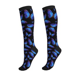 Wyayazh Blue Butterfly Compression Socks Women Men Knee High Support Socks For Athletic Running Cycling