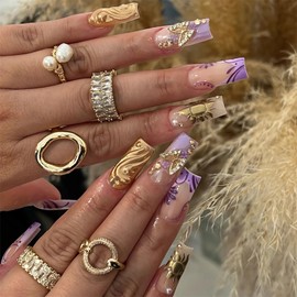 MISUD Press on Nails - Long Square Glue on Nails with Purple, Acrylic Gold Chrome Sun Design 24 pcs