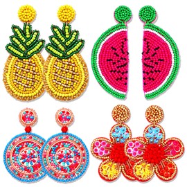 4 Pairs Beaded Earrings for Women Boho Geometric Beaded Dangle Earrings Statement Pineapple Flower Drop Earrings Colorful Summer Earrings Set Jewelry Gift (Style A)