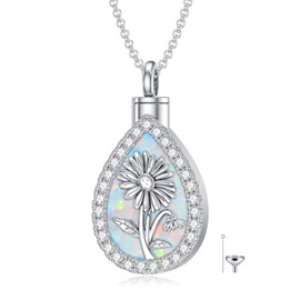 PELOVNY Daisy Opal Urn Necklace for Ashes 925 Sterling Silver April Birth Flower Teardrop Cremation Necklace for Ashes of Loved One Keepsake Memorial Jewelry for Women