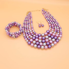 Faux Big Pearl Srand Necklaces for Women 5 Layers Pearls Choker Bib Collar Necklace Bracelet and Earrings set 1920s Costume Pearl Jewelry Bridal Wedding (colorful purple)