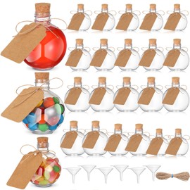 Baderke 24 Pcs Spherical Plastic Potion Bottles with Cork 3, 5, 6 oz Ball Shape Round Sand Art Bottles with mini Funnels for Wedding Cocktail Ornament Decorative Candy Jar Drink DIY Crafts