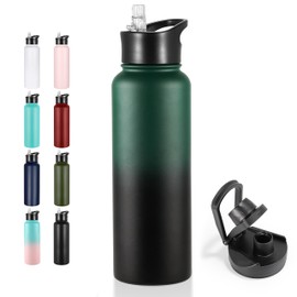 VEGOND 40 oz Insulated Water Bottle Stainless Steel Metal Water Bottles with Leak Proof Straw Lid & Spout Lid, Wide Mouth Double Walled Vacuum Travel Sports Bottle, Dark Green Black