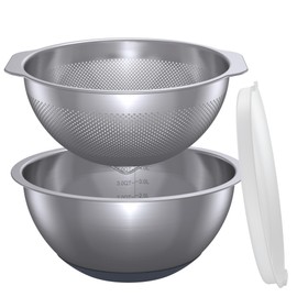 304 Stainless Steel Mixing Bowl with Lid, 6QT Large Capacity and 5QT Colander and Strainer, Micropore for Washing Rice, Fruit and Pasta, Perfect for Baking, Cooking, Food Prep and Storage