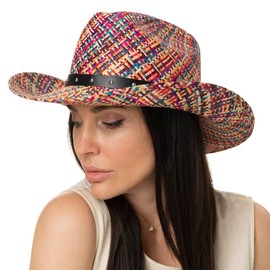 LIERYS Multicolour Cattleman Panama Hat Western Hat Cowboy Hat Panama Straw Hat Sun Hat Women / Men - Made in Ecuador with Leather Strap Leather Strap, Colourful, S