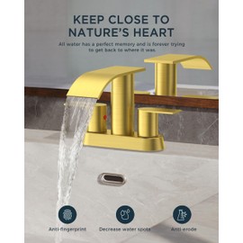 FORIOUS Waterfall Bathroom Faucets Brushed Gold, Two Handles Centerset RV Bathroom Faucet with Metal Pop up Drain, 4 Inch Bathroom Sink Faucet for 2 or 3 Holes Basin,Vanity,Rv