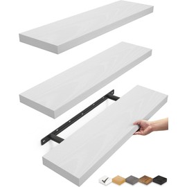 BAYKA White Floating Shelves for Wall, 22.5 inches Wall Mounted Rustic Wood Shelves for Bathroom, Bedroom, Living Room, Floating Shelves for Books/Storage/Decor (Set of 3)