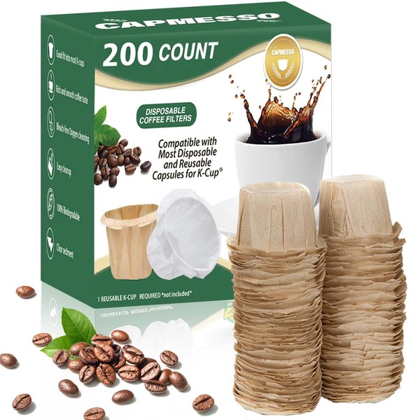 CAPMESSO Disposable Coffee Paper Filters, 200 Count Keurg Cup Coffee Filters Compatible with Keurig Brewers Reusable Single Serve 1.0 and 2.0 Coffee Maker (200 Count, Unbleached)
