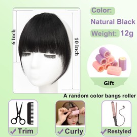 GHDXIWEYU 100% Human Hair Clip in Bangs,Women Fringe with Temples Curtain Flat Natural Black Bangs, Natural Curved French Bangs,Faux fake Bangs