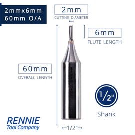 Rennie Tools - 2mm Cutting Diameter x 6mm Flute x 1/2" Shank TCT Tipped 2 Flute Straight Router Cutter Bit. Compatible With Makita Trend Festool Hikoki Dewalt Router Etc. 2mm Router Bit