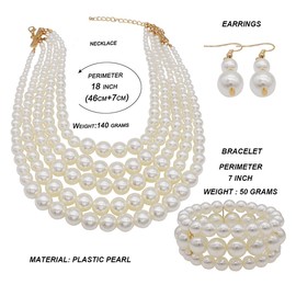 MeliMe Faux Big Pearl Srand Necklaces for Women 5 Layers Pearl Bib Collar Necklace Bracelet and Earrings set 1920s Costume Pearl Jewelry Bridal Wedding gift (white pearl necklace set)