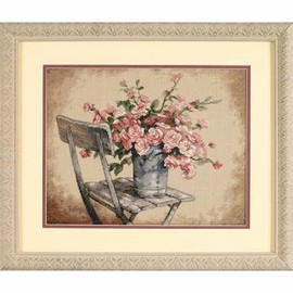 Dimensions Roses on White Chair Counted Cross Stitch Kit, 14 Count Beige Aida, 14" x 11"