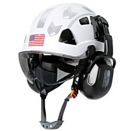 AOLAMEGS Construction Hard Hat With Visor and Earmuffs-OSHA Approved Safety Hard Hats with Eye and Hearing Protection,Reflective Safety Helmet Hat with Chin Strap,ANSI Z89.1 Type 1 Class C,Smoke Visor