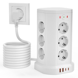 Te-Rich 16-IN-1 Steckdosenleiste mit USB Mehrfachsteckdose ??berspannungsschutz mit Schalter, 12 Fach Steckdosenturm mit 2 USB-C und 2 USB-A f??r B??ro K??che Tisch