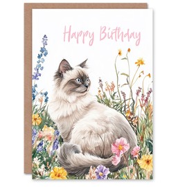 Artery8 Birthday Card Ragdoll Cat Lover Pet and Wildflowers Watercolour Blank For Him Or Her Art Greeting Card
