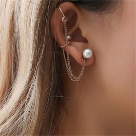 Aneneiceera Boho Pearl Ear Cuff Earrings Gold Tiny Pearl Studs Long Chain Climber Crawler Earrings Pearl Cuff Wrap Pearl Clip On Earrings Jewelry for Women