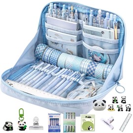 UIVXXUD Kawaii Cute Aesthetic Pencil Case - Large Capacity Canvas Pen Pouch Bag (Blue 11 PCS Set)