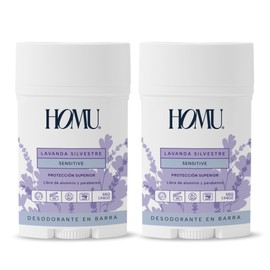 Homu | 2 Piezas Desodorante Natural en Barra Lavanda Silvestre Sensitive - Fórmula para pieles sensibles (sin Bicarbonato de sodio) - Cont. 55 grs. Por pieza (Lavanda Silvestre Sensitive, 2)