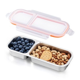 Ugotit Stainless Steel Snack Box, 2 Compartments, Airtight & Waterproof, Lunch Box, Kimchi Container, Oven and Dishwasher Safe for Office/Gym (Orange, 700ml)