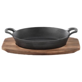 Megachef Cast Iron Mini Oval Pan/Saute Pan with Wood Tray, Cookware, Bakeware, Serveware (1 Piece)