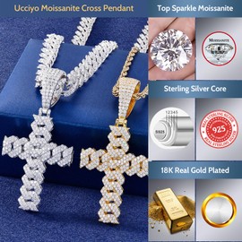 Ucciyo Gold Moissanite Cross Necklace for Men 8MM Iced Out Cuban Link Cross Pendant 925 Sterling Silver Cross Chain Necklace 2.7 Carat D Color VVS1 Christian Pendant