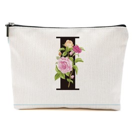 MQBMQB Rose Letter Initial I Makeup Bags for Women Lined Monogram Cosmetic Bag with Zipper Birthday Gifts for Women Girls Bridesmaid Best Friends Sisters, Travel Toiletry Bag, Wedding Gifts