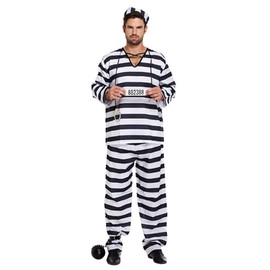 Mens Black and White Prisoner Convict Robber Burglar Fancy Dress Costume Outfit - U00309