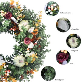 20”Eucalyptus Fall Wreaths for Front Door, White Pumpkin Door Wreaths for Front Door, Green Wreaths for Front Door Wreaths for All Seasons, Artificial Front Door Wreath