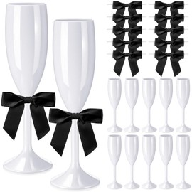 Zopeal 60 Pcs Plastic Champagne Flute Glasses and Bow Set 6 oz Acrylic Wedding Toasting Flute Goblet with 50 Pcs 3.5" Bow Reusable Unbreakable Wine Cups for Bachelorette Bridal Shower(White and Black)