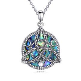 POPLYKE Triple Moon Goddess Necklace 925 Sterling Silver Abalone Celtic Knot Necklace Pagan Wiccan Magic Amulet Irish Pendant Vintage Jewelry Gifts for Women