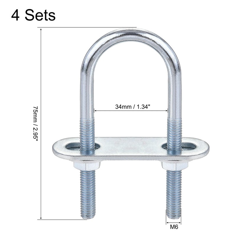 sourcing map Set of 4 Round U-Bolts Steel M6 with