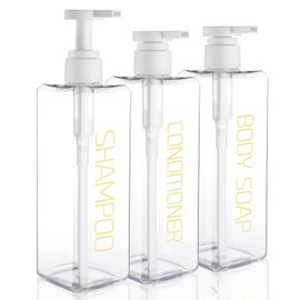 Shampoo and Conditioner Dispenser Shower Soap Bottles 3 Pack 550ml/18.6oz Refillable Shampoo Pump Bottle Dispenser Plastic Empty Body Wash Dispensers with Stylish Permanent Labels for Bathroom (Clear)