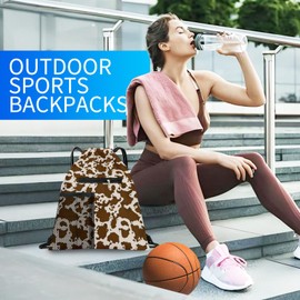 AYBELWG Drawstring Backpack Sports Gym Bag, Large String Swim Bag for Beach With Water Bottle Mesh Pocket, Cute Gym Sack with Zipper Pocket for Men Women Luxuious Cow Print